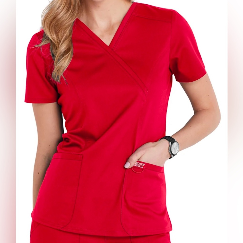 Crossover Red Scrub Top with Badge Loop XXS & Straight Leg Drawstring Pant PXXS